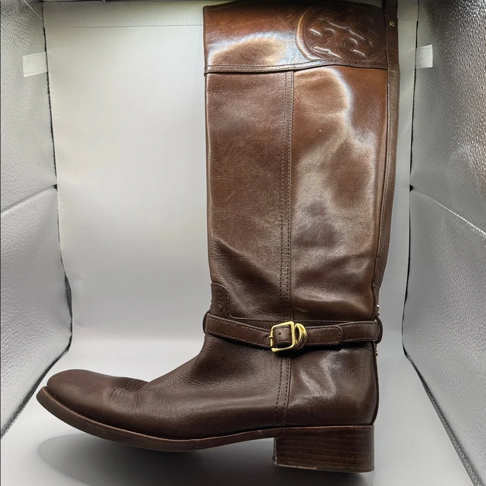 Tory Burch Marlene Riding Boots Brown Leather 9M Gold Buckle Equestrian Tall
